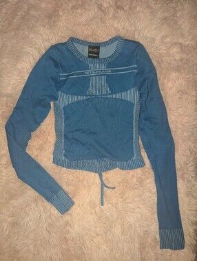 iets frans Blue Long-Sleeve Scoop-Neck Knit Sweater Open Back Stretchy Work Out